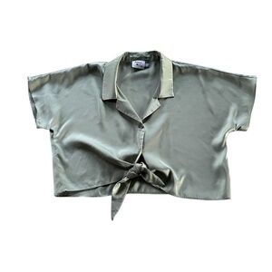 Princess Polly Satin Button Up Tie Front Crop Top Sz 8 Sage Boxy Casual Chic Y2K
